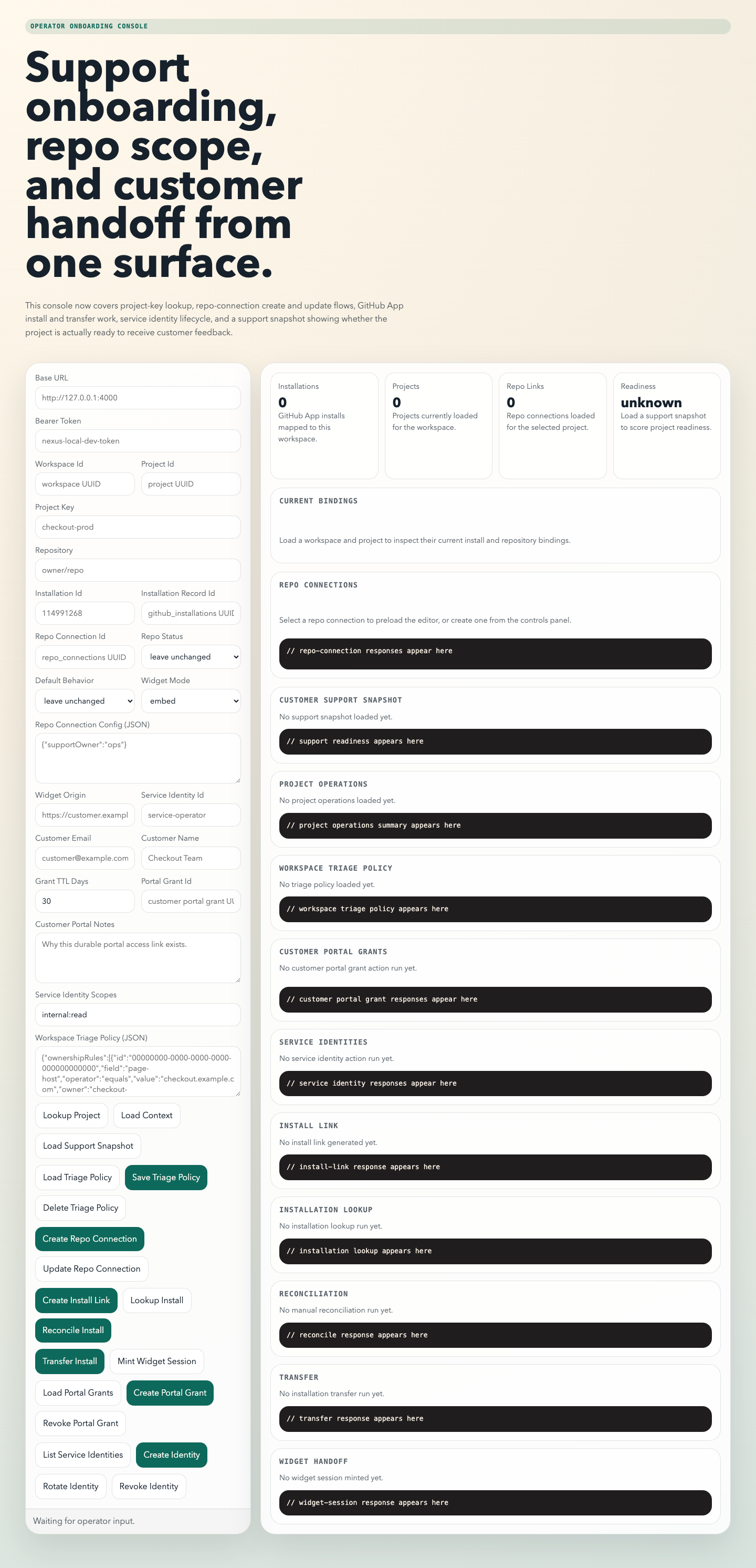 Nexus onboarding console showing workspace, project, repo, and service identity controls