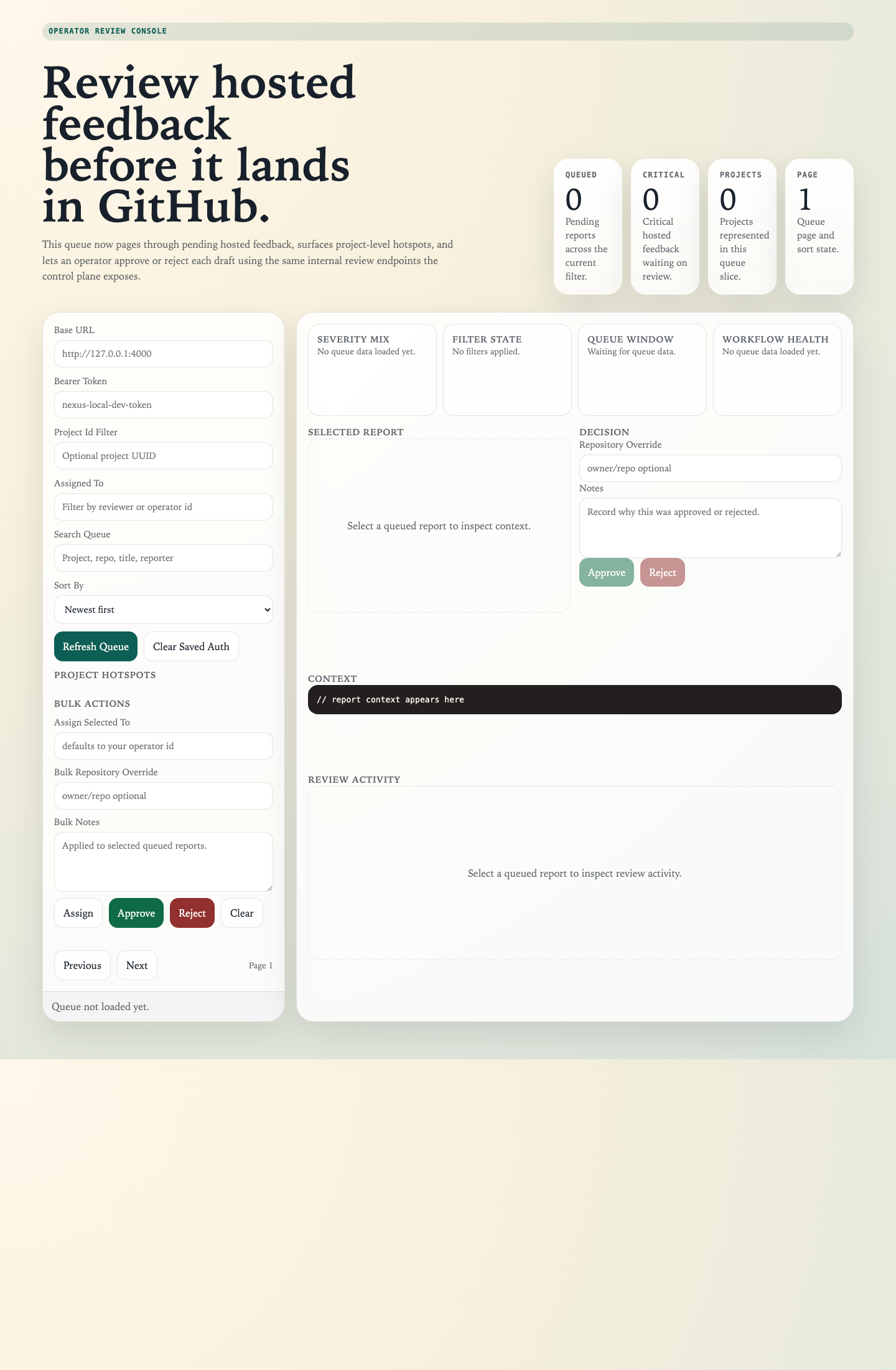 Nexus review queue showing hosted feedback triage, assignment, filters, and approval controls